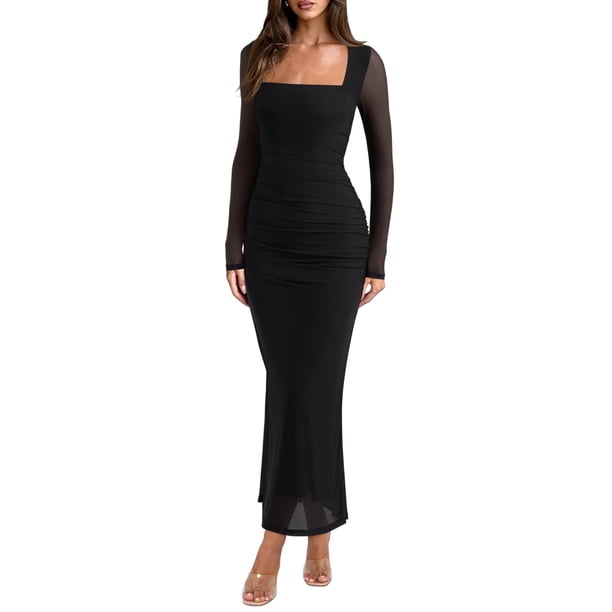 Vestido REORIA largo de manga larga, malla transparente fruncida, maxi negro, talla M