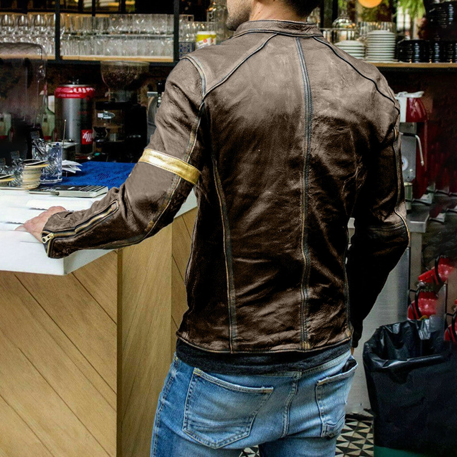 Men's Leather Jacket Vintage Bike Coat Stand Collar Slim PU