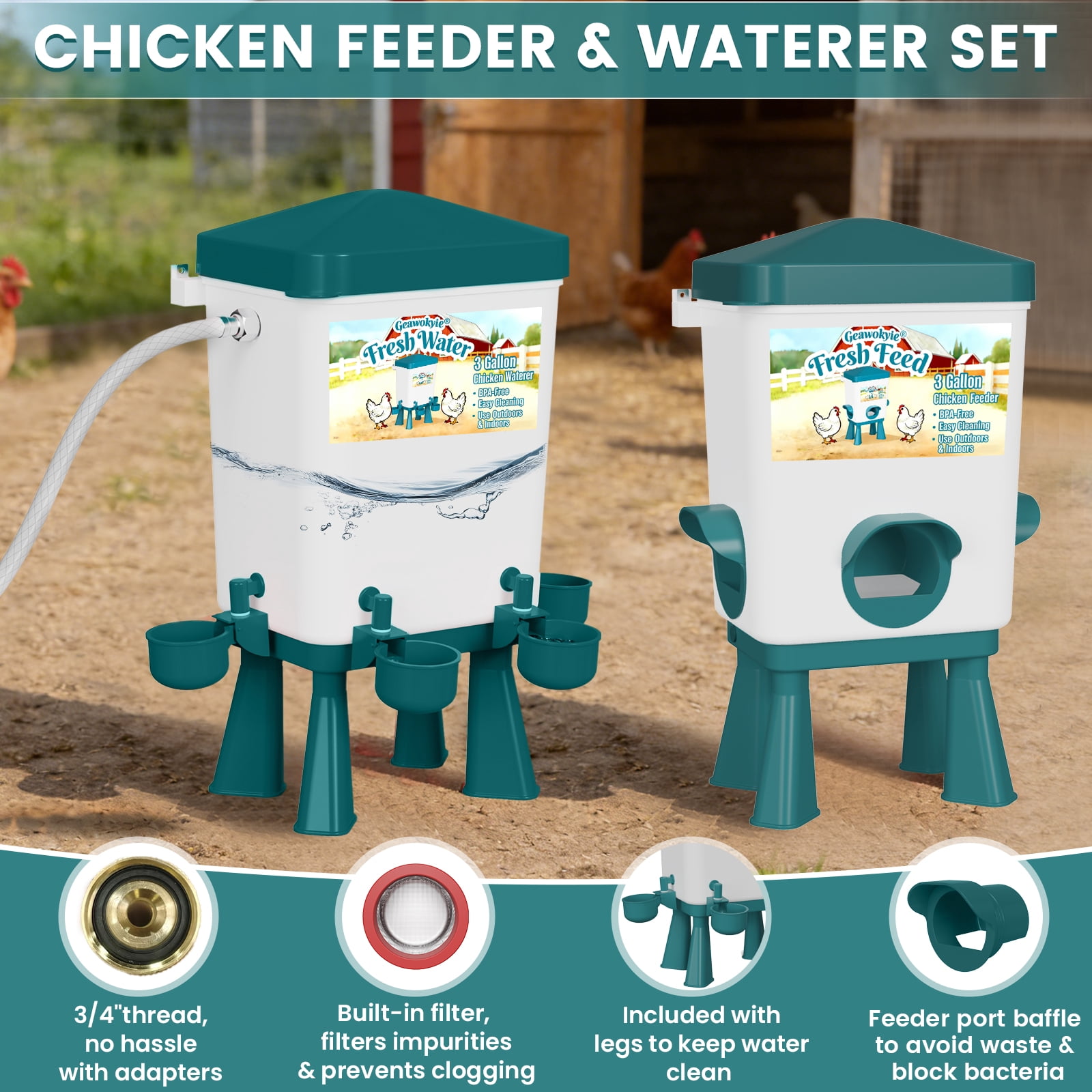 Chicken Feeder and Waterer Set - Automatic Float Valve Waterer with Built-in Filter,  Poultry Feeding & Watering Equipment for Chickens, Ducks, Geese, Chicken Coop Accessories(Blue))