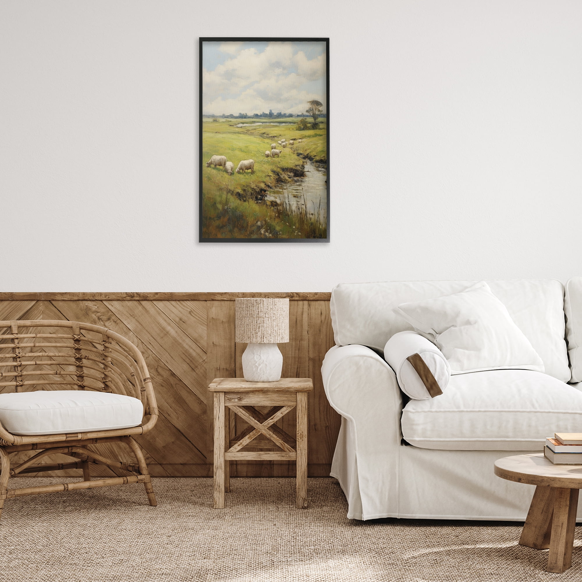 Stupell Industries Grazing Sheep Countryside Landscape Painting Black Framed Art Print Wall Art, 20 x 30