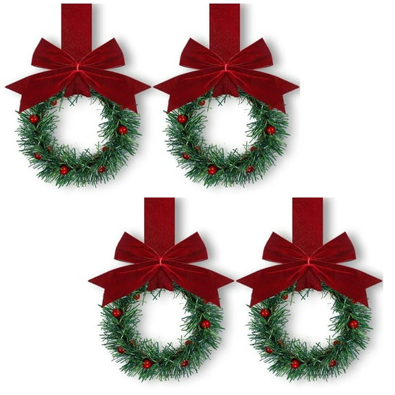 4 Pcs Christmas Kitchen Cabinet Wreaths with Ribbon, Mini Christmas Wreath, Small Kitchen Wreath Greenery Wreath for Window Door