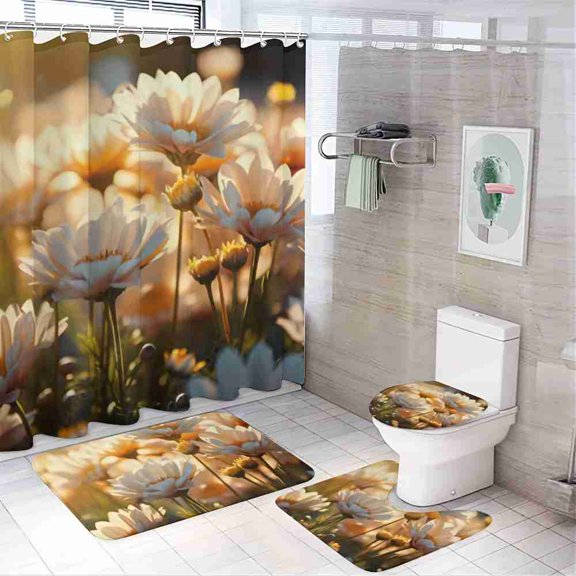 Sunlit Yellow Daisy Floral 4-Piece Shower Curtain Set with Bath Mats and Toilet Lid Cover for Bathroom Decor