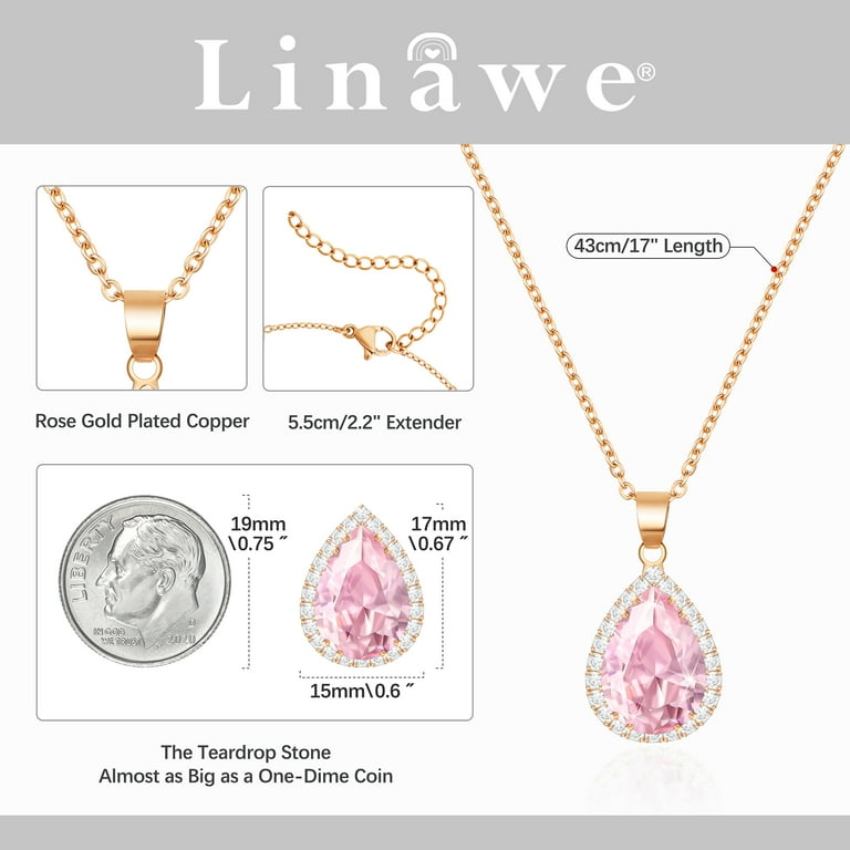 Linawe Pink Crystal Necklace Rose Gold Chain Diamond Pendant Cubic Zirconia Birthstone Rhinestone Teardrop Necklace Preppy Bridal Wedding Bride Boho Summer Jewelry Walmart
