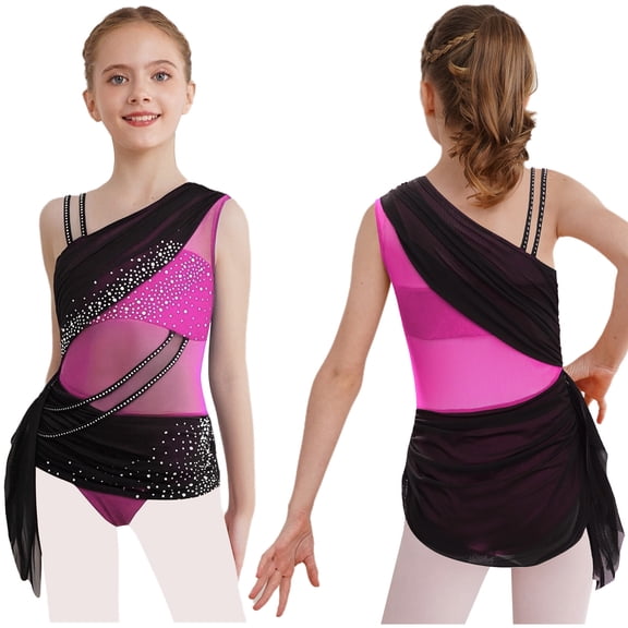iiniim Girls Sparkly Lyrical Dance Sleeveless Asymmetrical Gymnastics Leotard Ruched Ballet Dress Hot Pink 16