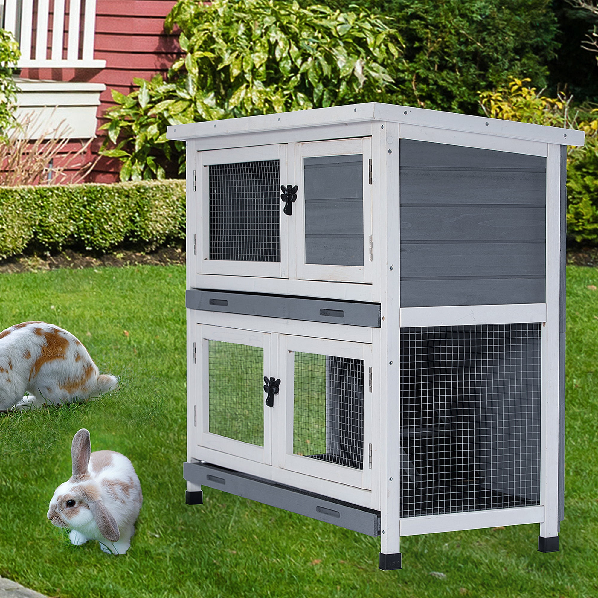 Pefilos 36" Two Floors Wooden Rabbit Hutch Indoor Hen House for 4 Chicken Coop House Wooden Guinea Pig Hutch Outdoor, Gray Pefilos 36" Two Floors Wooden Rabbit Hutch Indoor Hen House for 4 Chicken Coop House Wooden Guinea Pig Hutch Outdoor, Gray