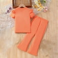 thumbnail image 3 of Pandaie 2-8Y Girl's 2 Piece Outfit Ruffle Short Sleeve Shirt Tops Bell Bottom Flared Wide Leg Sweatpants Summer Clothing Set Orange 100(2-3 Years), 3 of 4