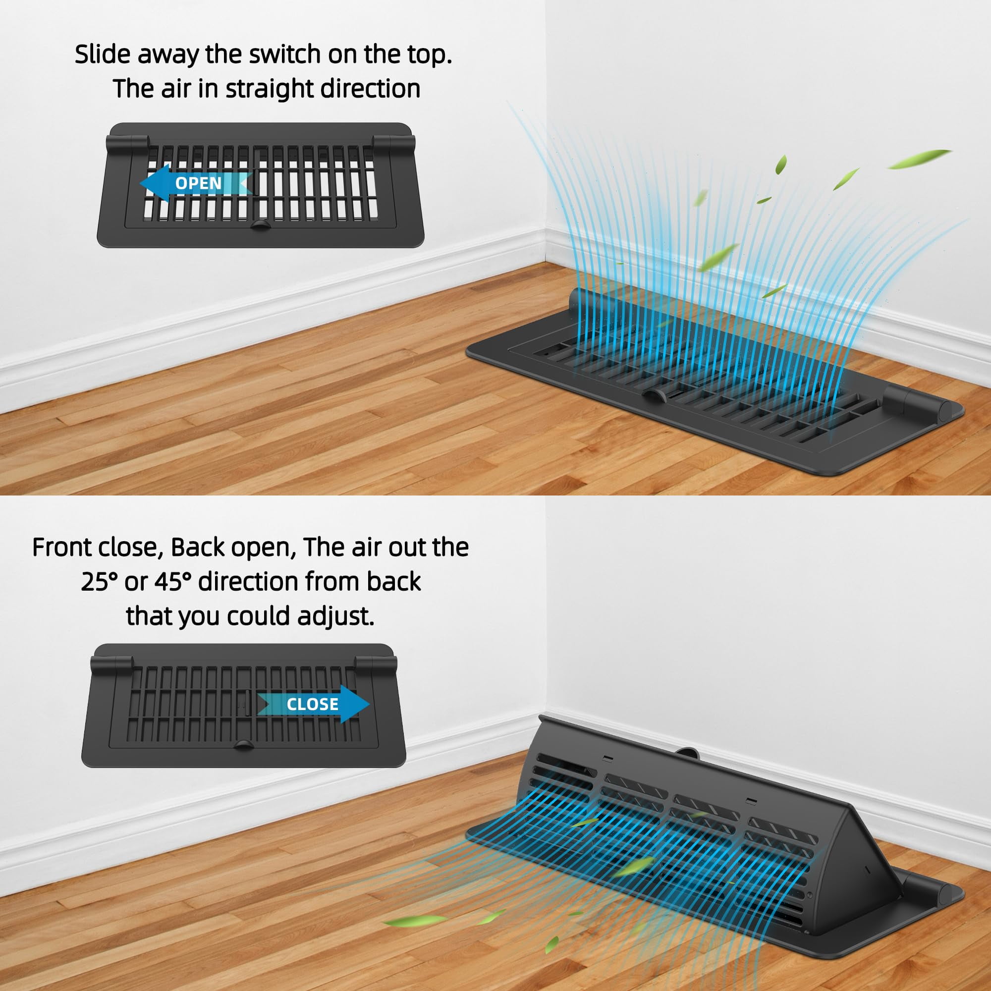 2Pack 2-in-1 Vent Deflectors & Floor Vent Covers, Adjustable Floor Register 4x10, Air Vent Deflector for Home Floor, Office, Ceiling, Tool-Free Install, Black,