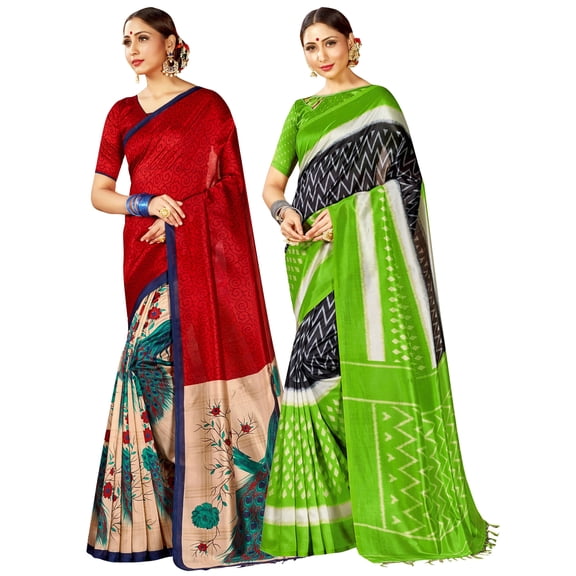 Pack of Two Sarees for Women Mysore Art Silk Printed Indian Diwali Sari | Wedding Gift Ethnic Saree Combo