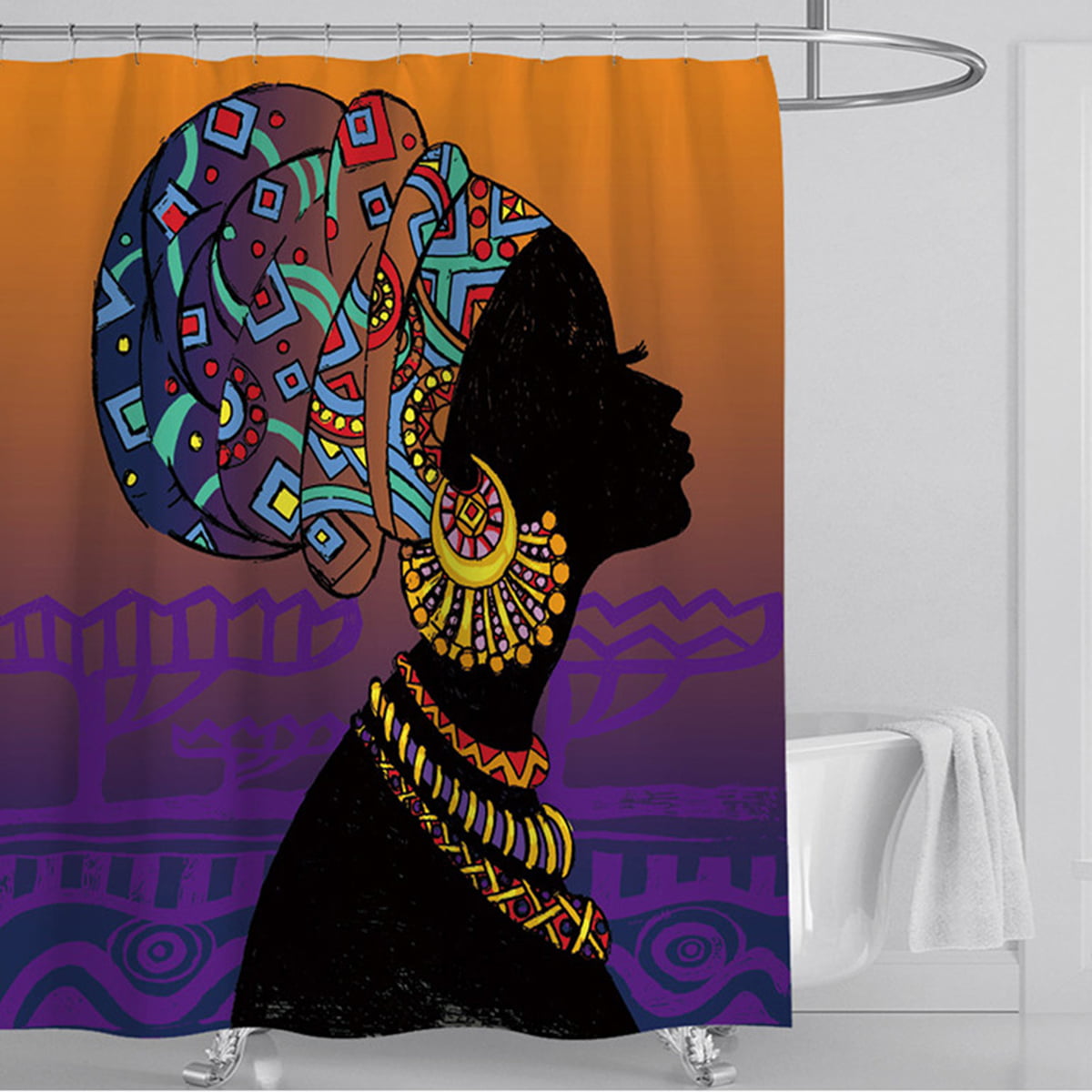 Afro African Black Woman Cute Duck Waterproof Fabric Shower Curtain Set Bathroom 