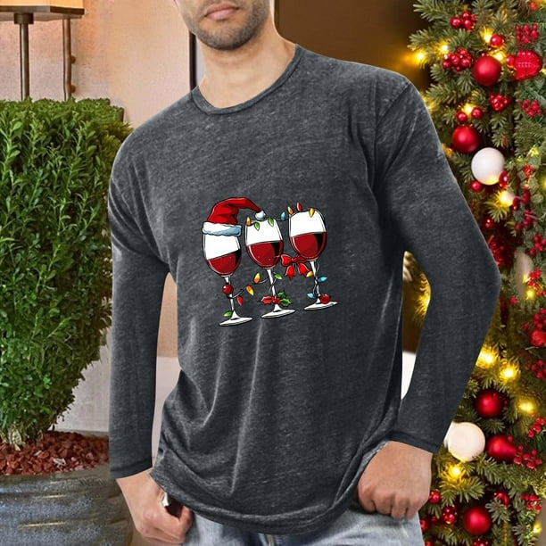 Blusas y camisas de manga larga con cuello redondo para hombre, deportivas, fitness, hogar, pijamas navideños estampados, camiseta de manga larga con cuello redondo, blusa de poliéster para hombre