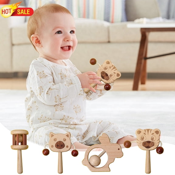 Clearance! Natural Wooden Baby Hand Rattle Toys, 0-12 Months Infant Montessori Sensory Toy, Smooth Polished Wood Teething Rattle, Newborn Grab Toy for Fine Motor Skill Development, Baby Shower Gift