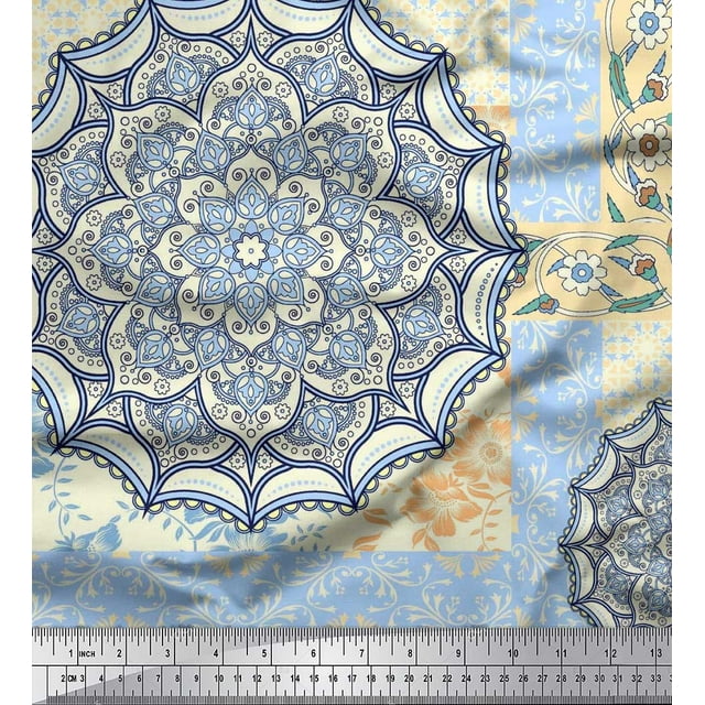 Soimoi Poly Georgette Fabric Floral & Mandala Patchwork Printed Fabric 1 Yard 52 Inch Wide