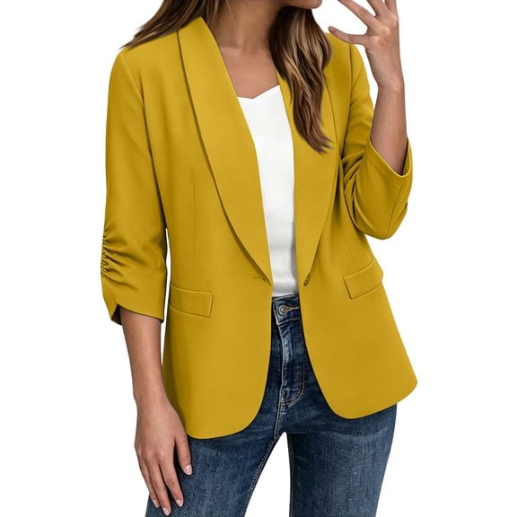 cfhntfmh Womens Blazers Business Casual Tops Open Front Ruched 3/4 Sleeve Fall Fashion Work Suits Jackets
