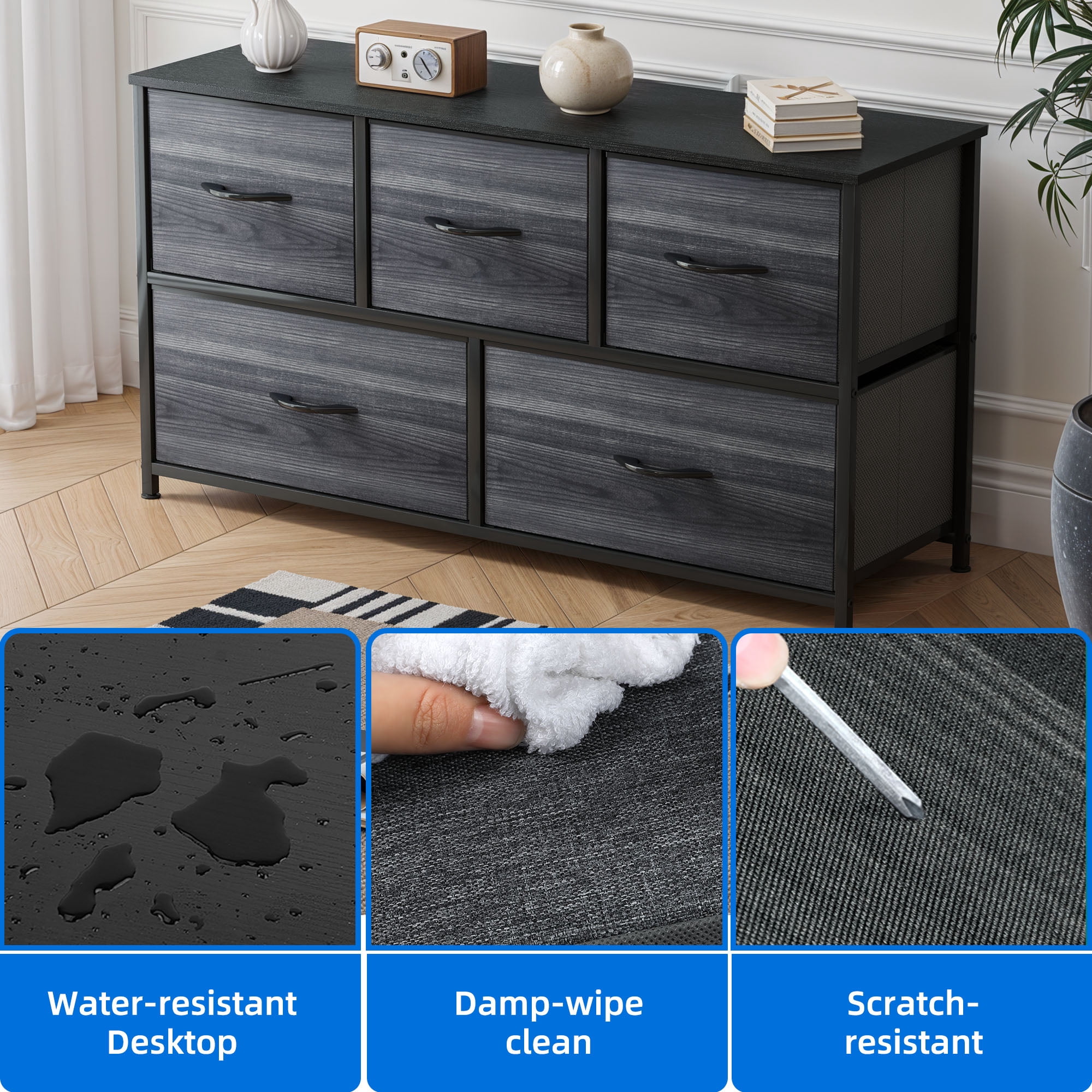 Uforic 5-Drawer Fabric Dresser for Adults & Teens, Storage Tower with Steel Frame & Wood Top, Black