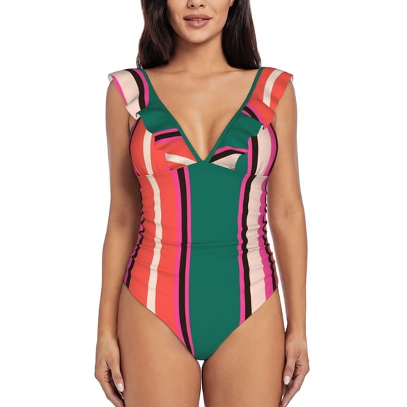 Picia Vertical Stripes Blooming Jelly Womens Tummy Control Bathing Suits Slimming Ruffle Swimsuit One Piece Lace Swimwear-