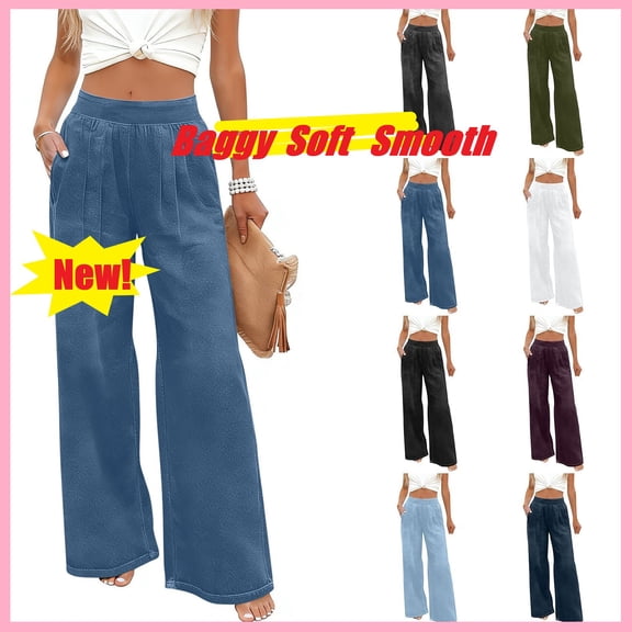 ZHYou Womens Wide Leg Denim Jeans,Elastic High Waisted,Baggy Palazzo Casual Pants with Pockets,Blue,Size L