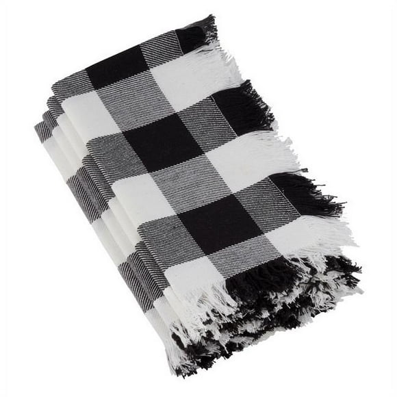 SARO 9026.BK20S Serviettes en Coton à Carreaux Carrés 20 Po. Design Classique Frangé - Noir Ensemble de 4