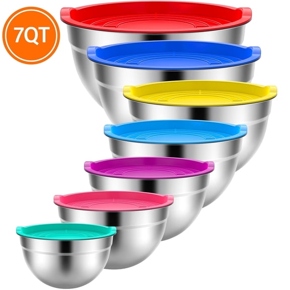 TINANA Mixing Bowls with Lids: 7 Pack Stainless Steel Mixing Bowls Set, Metal Nesting Mixing Bowls for Kitchen, 7/4.5/3.0/2.0/1.5/1.0/0.7QT, Great for Prep, Baking, Serving, Multicolor
