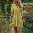 thumbnail image 2 of Ecqkame Summer Linen Dresses for Women Short Sleeve Turndown Collar Button Front Dresses Casual Loose Boho Mini Shirt Dress Yellow XXXL, 2 of 8