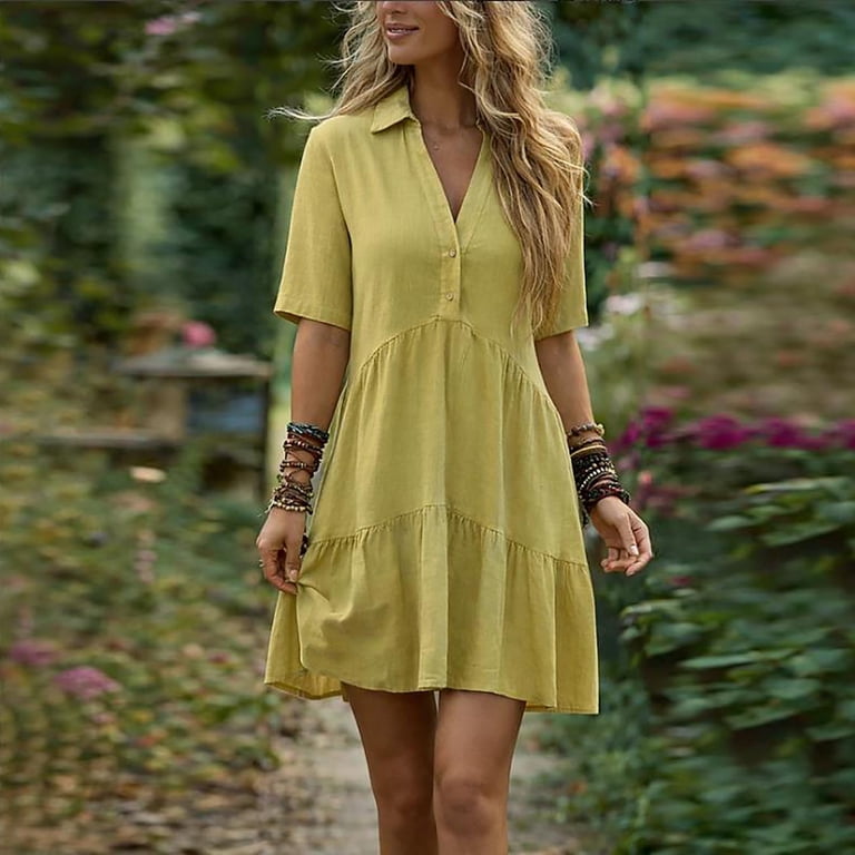 BiZtdJrK Linen Mini Dress for Women Summer Short Sleeve Beach Dresses  Casual Collared Loose Tiered Shirts Dress Yellow XL - Walmart.com