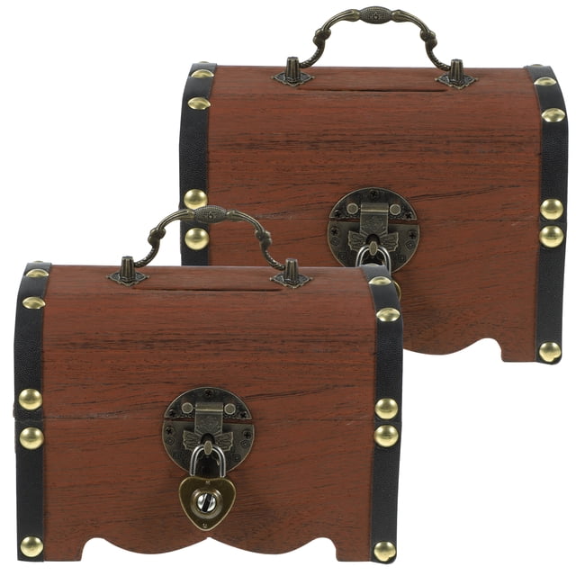 2 cajas organizadoras vintage para guardar tesoros, con cerradura — par de cofres de madera marrón claro con ribetes negros, remaches dorados, asas y cerraduras de cobre con pequeño candado en forma de corazón; 14.5 x 10.5 x 10 cm, diseño retro clásico, aptas como alcancía o decoración en hogar y oficina.