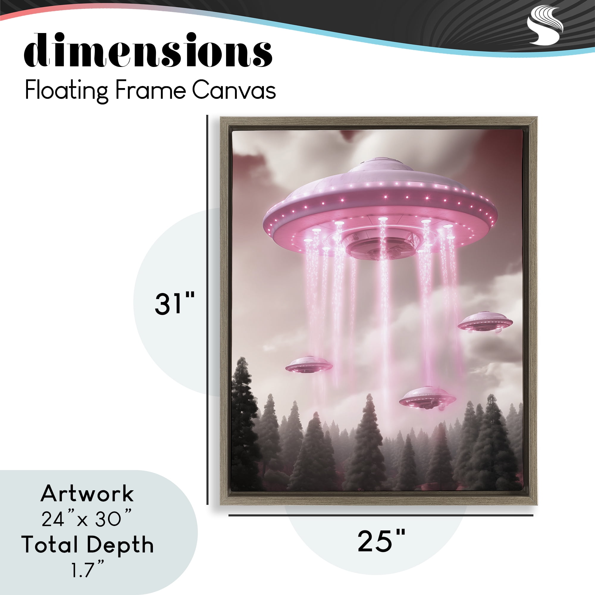 Glam UFO with Pink Beams Brown Framed Floater Canvas Wall Art, design by Sasha