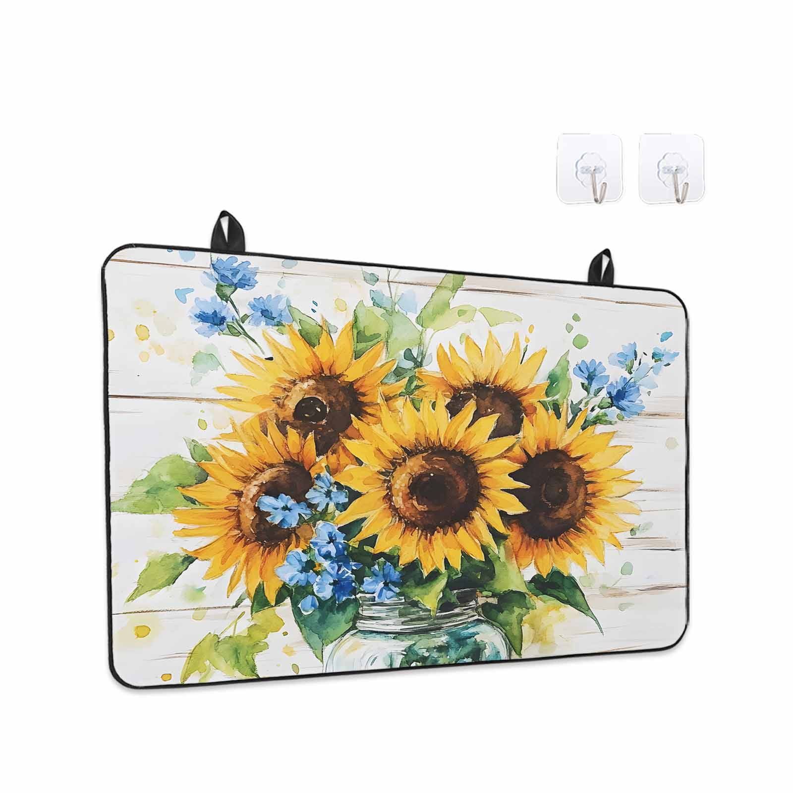 Sunflower Stove Top Cover for Electric Stove, Heat-proof & Non Slip Glass Top Stove Cover Protector, Retro Country Garden Floral Blue Wildflower Kitchen Flat Cooktop Rubber Mat 24x21 Inches