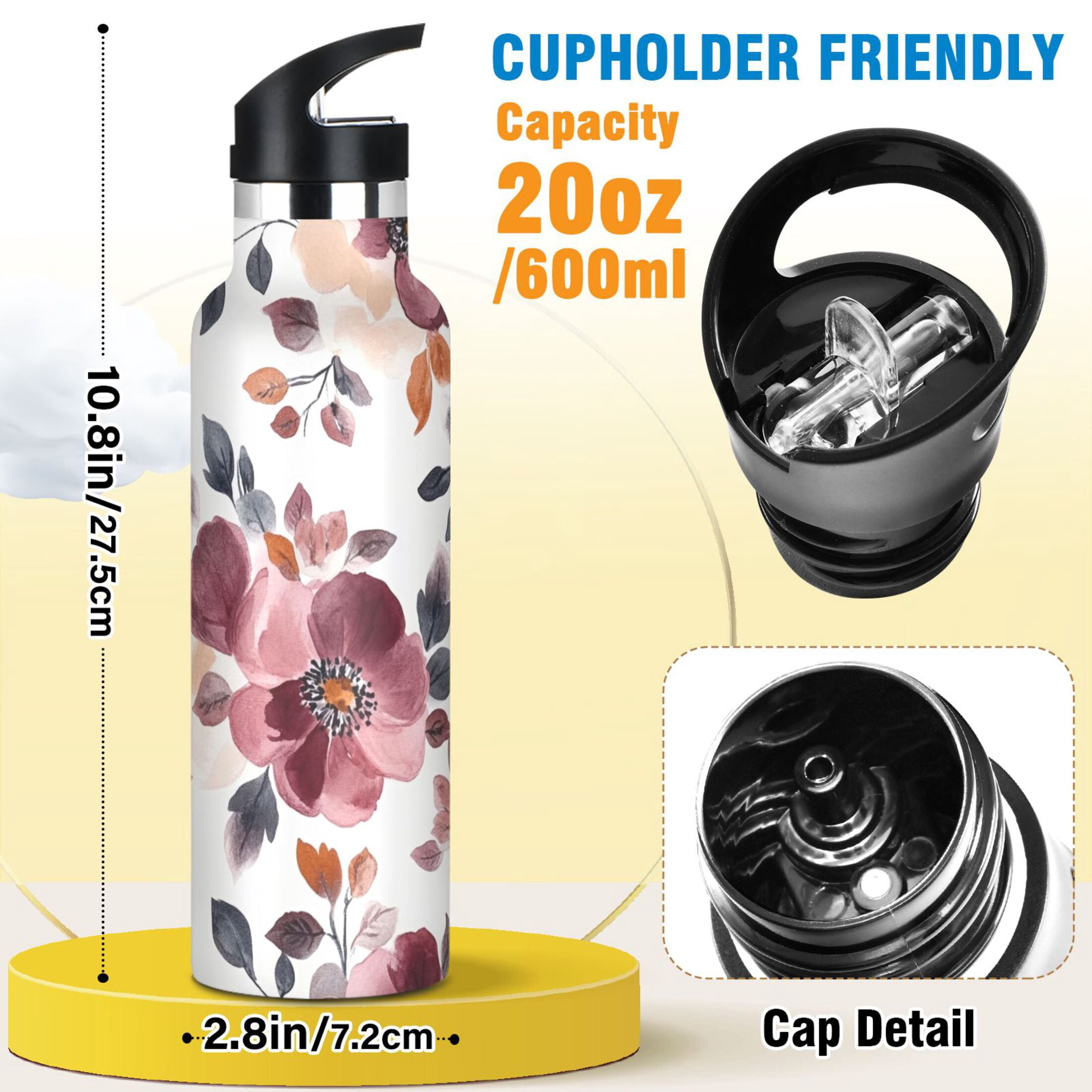 600ML Stainless Steel Insulated Cup Sports Water Bottle Portable Thermos Cup Water Glasses Insulated Tumblers Convenient and Durable Cartoon Maroon Flowers Seamless