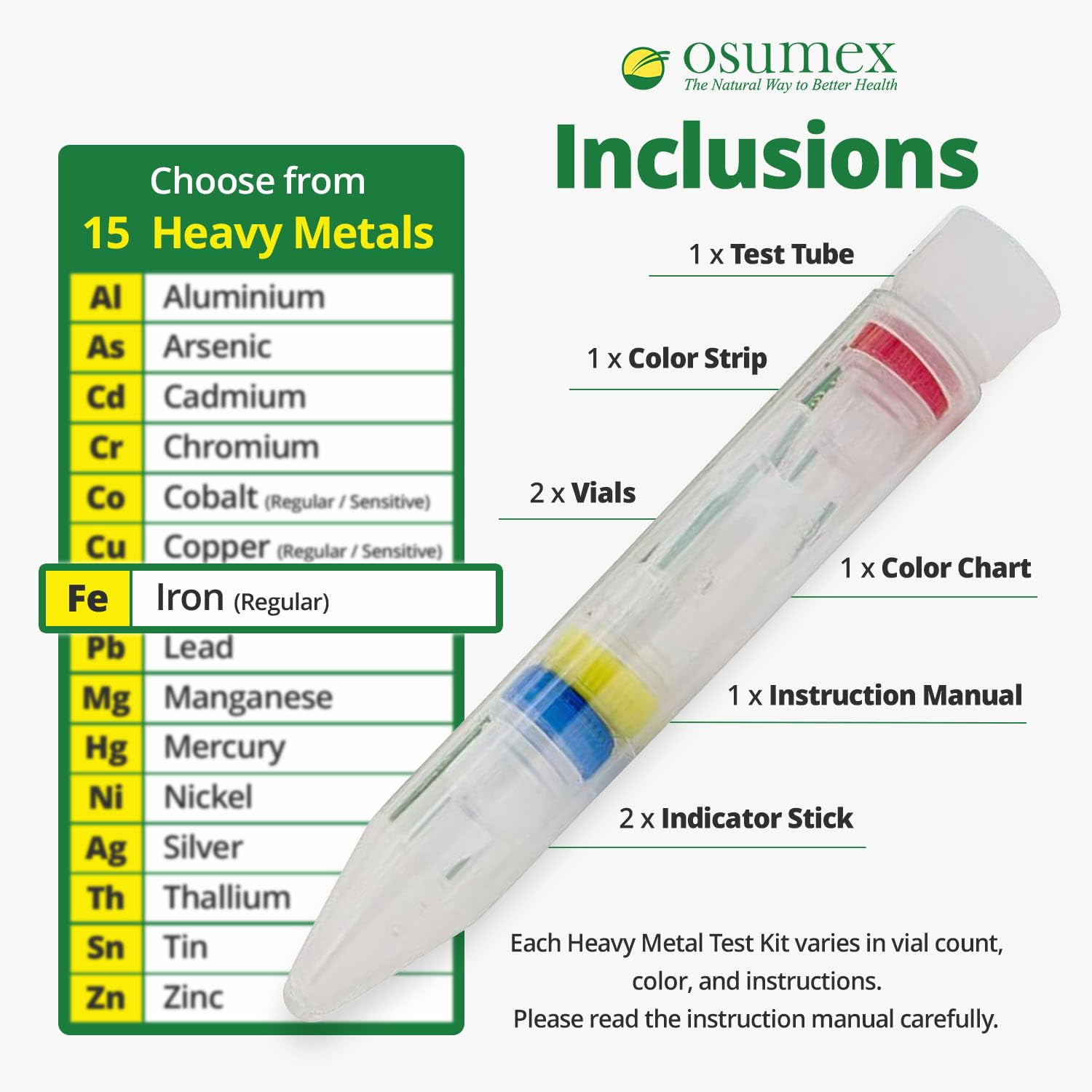 Osumex Heavy Metals Test Kit Regular Iron Test Kit- 1 Pack Heavy Metal Tester Kits for Humans, at Home Drinking Water Tester for Urine, Food, & Other Materials, Water Testing Kits for Drinking Waters