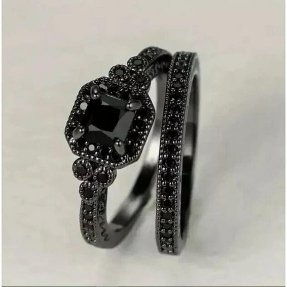 Luxe Beautiful Black Diamond Engagement Wedding Bridal Set For Women 14K Black Gold Over 925 Silver