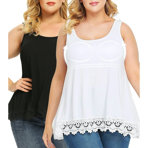 QRIC 2 Pack Women Swing Lace Flowy Style Clothing Tank Top with Built in Bra Summer Sleeveless Women's Plus Size Blouse Shirt, L