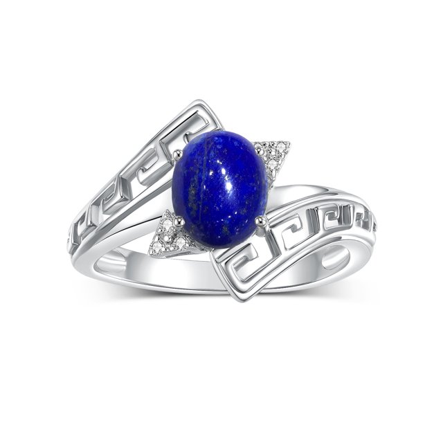 RYLOS Rings for Women Sterling Silver Greek Key Designer Ring 9X7MM Gemstone & Diamond Ring September Lapis Jewelry Size 5