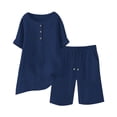thumbnail image 4 of Gamivast 2 Piece Summer Outfits for Women Casual Linen Textured Short Sleeve Henley Shirt and Drawstring Shorts Set Loose Fit Lounge Tracksuit Vacation Streetwear Navy L, 4 of 7