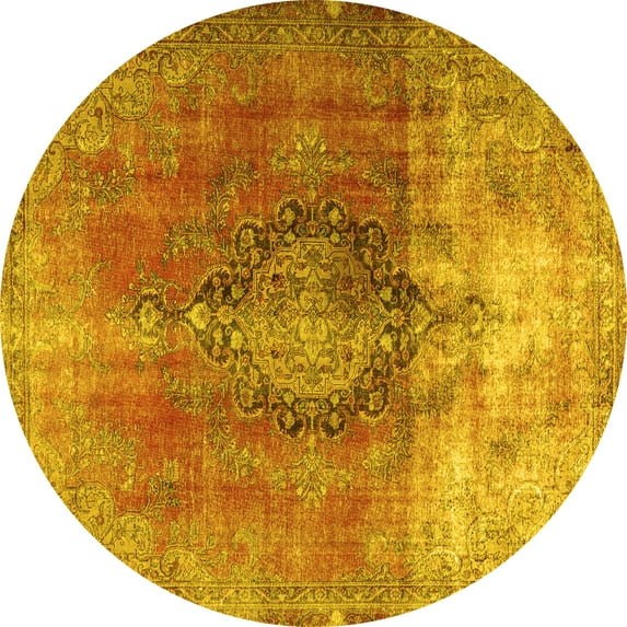 Ahgly Company Machine Washable Indoor Round Persian Yellow Traditional Area Rugs, 7' Round
