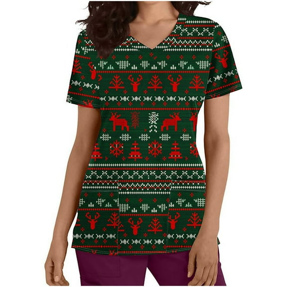 Holiday Gifts! Titcea Christmas Scrub Tops Women Xmas Printed Short Sleeved V Neck Scrub Tops with Pockets Lightweight Stretchy Cute Working Uniform