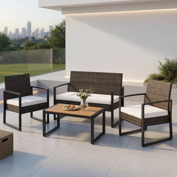 Resenkos 4-Piece Outdoor Patio Furniture Set – PE Rattan Conversation Set with Off-White Cushioned Armchairs, Loveseat & Wood-Plastic Coffee Table for Backyard, Poolside & Porch