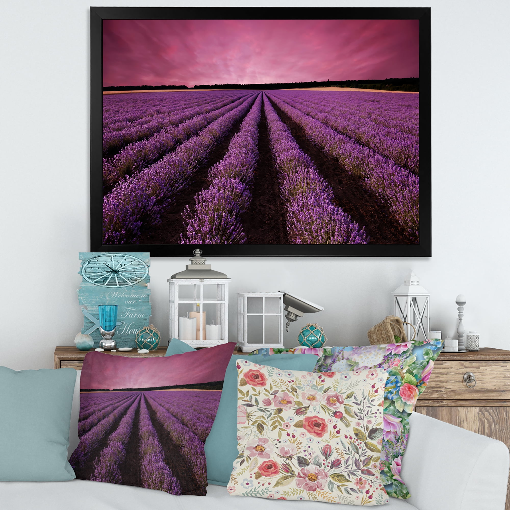 Designart 'Dramatic Clouds and Sunrise Over Lavender Field XI' Farmhouse Framed Art Print