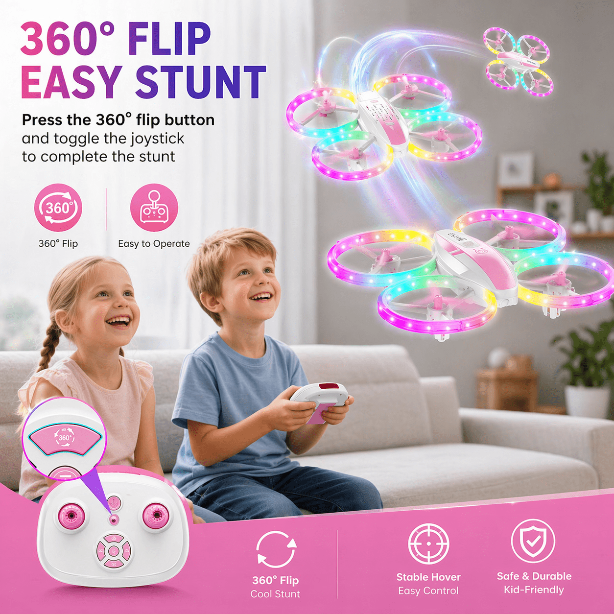 Kid Drone for Kids, Drone for Kid with LED Lights, Mini Drone for Kid, Toy Drone Quadcopter Remote Controls Drone for Children Boys Girls, Small Flying Toy for Kid Pink