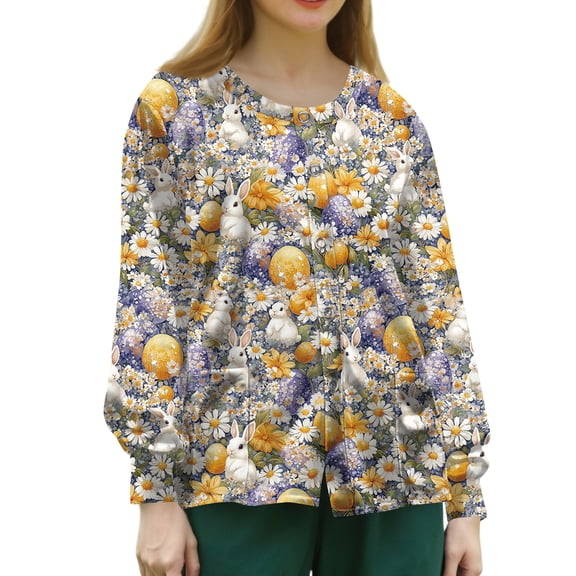 Easter Womens Scrubs Jacket Spring Funny Floral Bunny Egg Pattern Long Sleeve Scrub Jackets Nurse Uniforms Workwear Shirts with Pockets