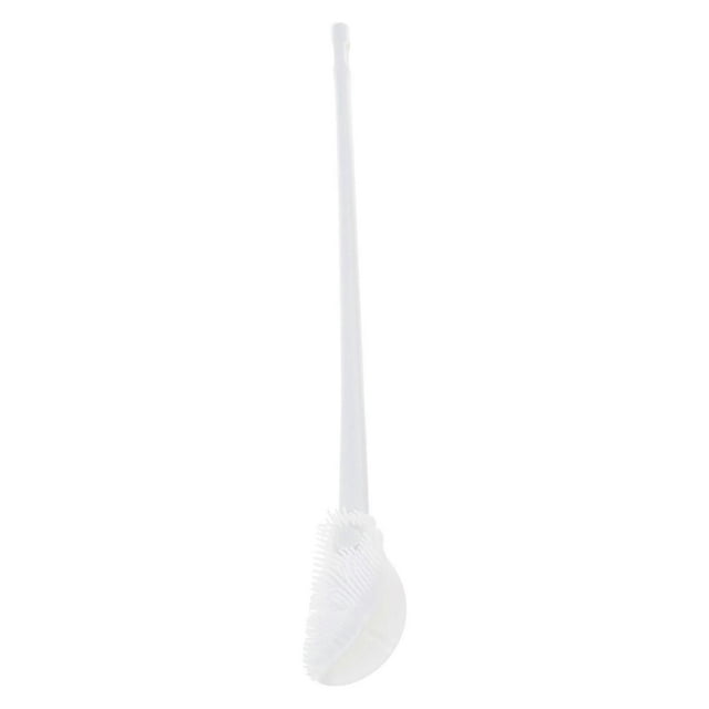 long handle cleaning brush for blender cups bottles hard to reach gaps with soft bristles and ergonomic grip kitchen use — cepillo de limpieza mango largo blanco, vista frontal centrada; cabeza curva flexible con cerdas suaves y resistentes que no rayan, agarre ergonómico antideslizante, longitud aprox. 31.5 cm (12.4 in), apto para botellas, licuadoras, vasos y pajillas reutilizables, incluye orificio para colgar; a menudo usado también para limpiar piezas estrechas de accesorios de cocina.
