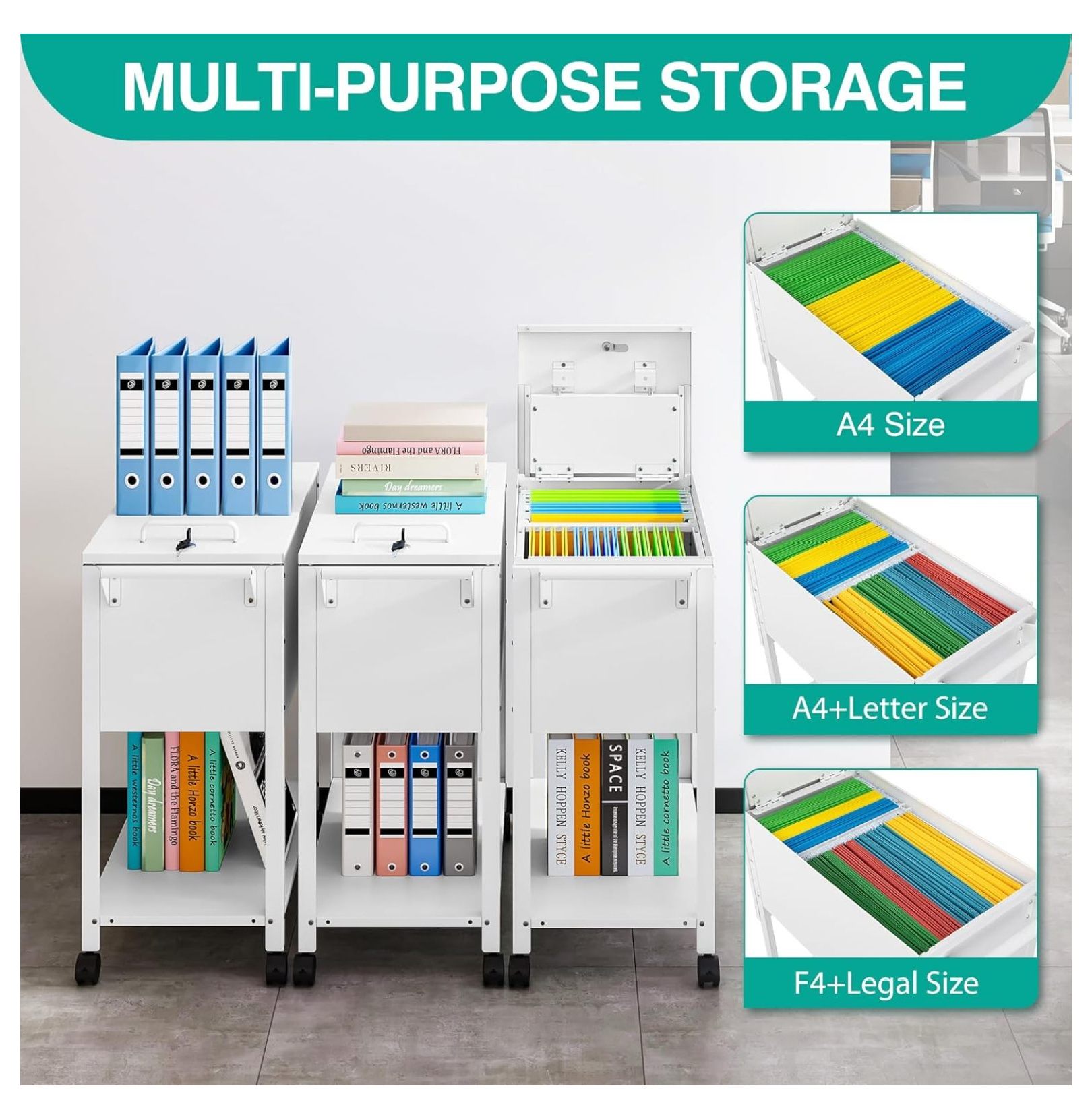 Rolling File Cart with Wheels Hanging Files,Rolling File Cabinet Organizer,Rolling Hanging File Folder Cart on Wheels,Metal Filing Cart,Fit A4/F4/Letter/Legal File for Home Office (White)