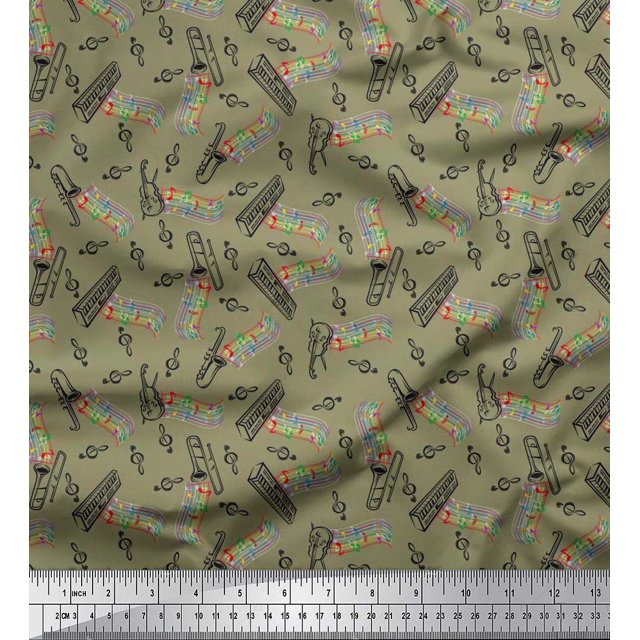 Soimoi Cotton Voile Fabric Notes,Piano & Guitar Musical Instrument Printed Fabric 1 Yard 42 Inch Wide