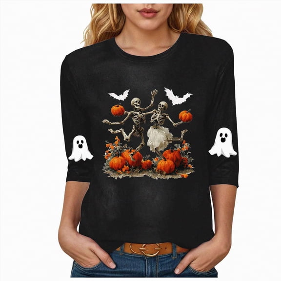 Godom Halloween Shirts Pumpkin Shirt Women Cute Ghost Blouse Casual Fall Graphic 3/4 Sleeve Tee Tops