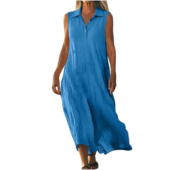 Ruimatai Women's Summer Casual Flowy Button Down Lapel Sleeveless Maxi Dress Lightweight Comfortable Polyester Loose Fit Long Dress