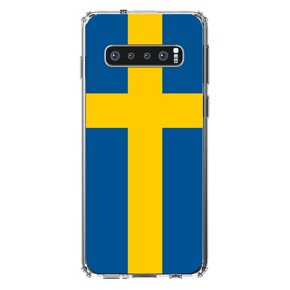 DistinctInk Clear Shockproof Hybrid Case for Samsung Galaxy S10  PLUS(6.4" Screen) - TPU Bumper, Acrylic Back, Tempered Glass Screen Protector - Sweden Flag