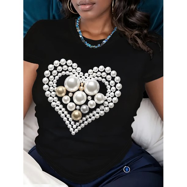 Women'S Casual Crew Neck T-Shirt, Cotton Knit Fabric with Slight Stretch, Regular Fit, Short Sleeve, with Pearl Heart Graphic, for All Seasons