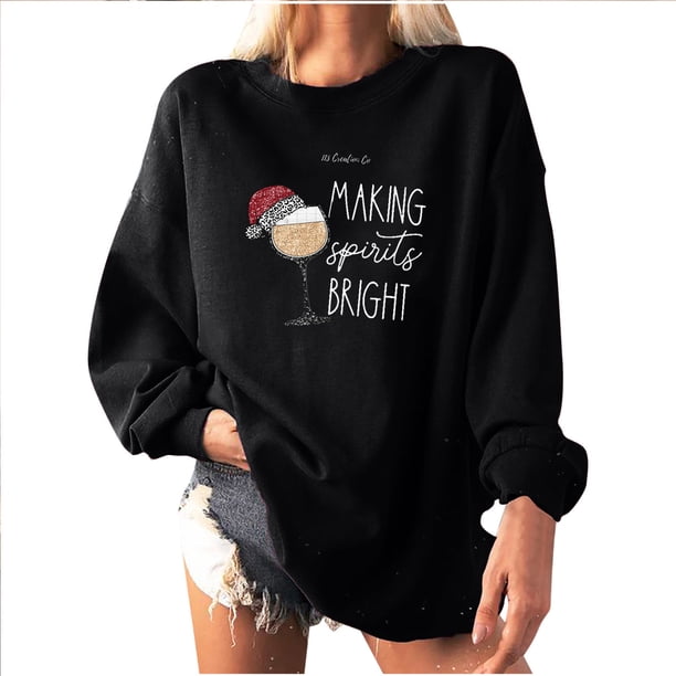 Jersey de sudadera extragrande de lana de manga larga con cuello redondo suelto con estampado de sombrero de Navidad para mujer Fridja ghj987+4338