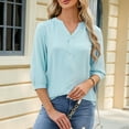 thumbnail image 4 of Womens Casual Chiffon Blouses 3/4 Sleeve Loose V Neck Pleated Button Down Shirts round Neck Tee Sports Tops for Women Training Shirt Women Womens Dressy Tee Shirts T Shirt Set Women Summer Tees for, 4 of 8