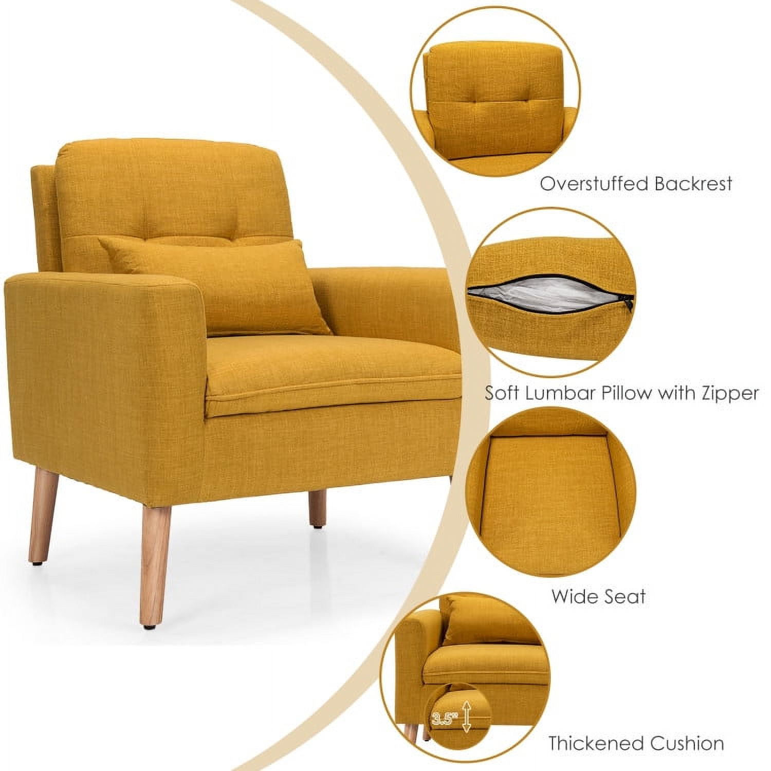 Finihen Upholstered Accent Chair, Modern Comfy Armchair Single Sofa, Linen Fabric Single Sofa Armchair with Waist Pillow, for Living Room, Bedroom, Yellow