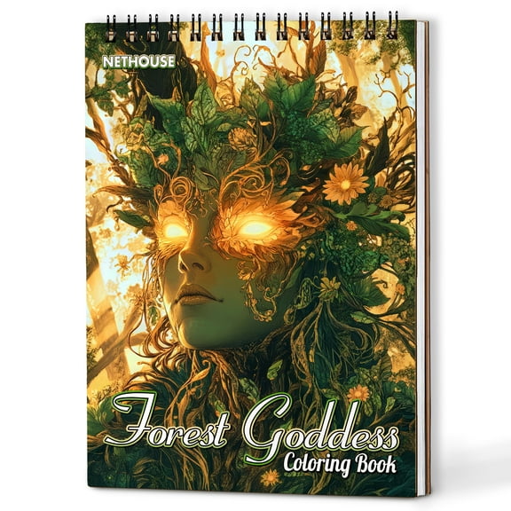 NETHOUSE Forest Goddess Spiral Coloring Book for Adults, A5 Wooden Cover, 30 Coloring Pages of Enchanting Forest Landscapes, Mystical Goddesses, Nature-Inspired Patterns, Majestic Trees